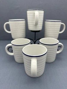 KATE & BARREL Spal ROULETTE BLAU weiß mit geprägten Ringen 3 3/4" TASSEN 6ER-Set - Bild 1 von 19