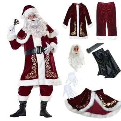 Santa Claus Costume 10PCS. Christmas Velvet Hooded Adult Deluxe Santa Suit - Image 1 of 4