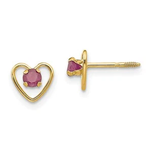 14k Yellow Gold Childrens 3mm Lab-Created Ruby Birthstone Heart Earrings - Picture 1 of 8