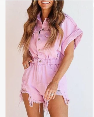 Macacão utilitário feminino jeans desgastado manga curta algemada - Imagem 1 de 4