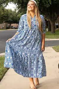 Sky Blue Geometric Print Lace-up Notch Neck Plus Size Maxi Dress - Picture 1 of 8