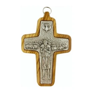 Good Shepherd Cross in Pewter with Olive Wood Back Pope Francis Pectoral Italy - Picture 1 of 6