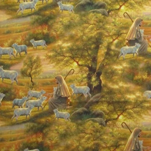 Elizabeth's Studio Shepherd & Flock of Sheep Christian Religious 1 Yard Fabric - Picture 1 of 5