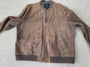 Brown Suede Baseball Jacket Lucky Brand Men’s Size 2XL Zip Up 1990’s Style - Picture 1 of 5