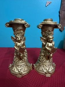 Set Of Vintage Golden Cherub Candle Holders - Picture 1 of 10