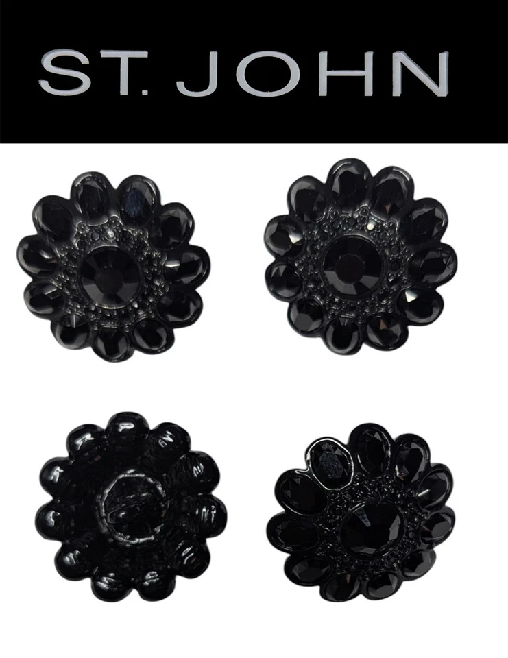 St John Knits 1.0 Inch Black Enamel Floral Shaped Black Crystal  Buttons - Image 1 of 1
