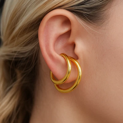 Lobe Cuff Earrings Edgy Orbital Ring 14k Gold PL Cuff Clip On Jewellery & Box - Image 1 of 4