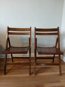 Vintage Wood Folding Chairs Slatted Seat Rustic Mid Century Modern Set of 2 - Picture 1 of 9