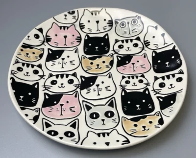 Cat Faces Plate Adorable Dessert or Salad Plate Ceramic 8" or Pet Food Dish NEW - Image 1 of 4