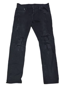 H&M Mens Black Denim Jeans 36X32 Skinny Low Waist Button Fly Distressed - Picture 1 of 5