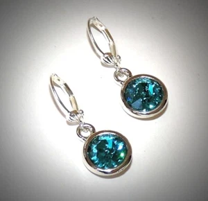 Blue Zircon Swarovski 10mm Crystal Earrings With Silver Plated Lever Backs - Picture 1 of 6