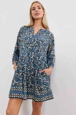 VELVET By Graham&Spencer Talia Silk Cotton Voile Split Neck Dress Blue S $269 H4 - Image 1 of 4