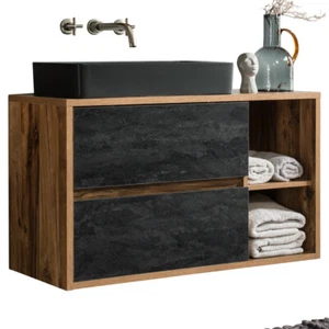 Badezimmer Waschtischunterschrank 100 cm Keramik-Waschbecken Eiche Bad Gäste-WC - Bild 1 von 7