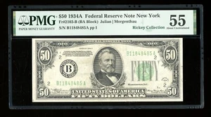 DBR 1934-A $50 FRN New York Fr. 2103-B PMG 55 Serial B11848485A - Picture 1 of 2