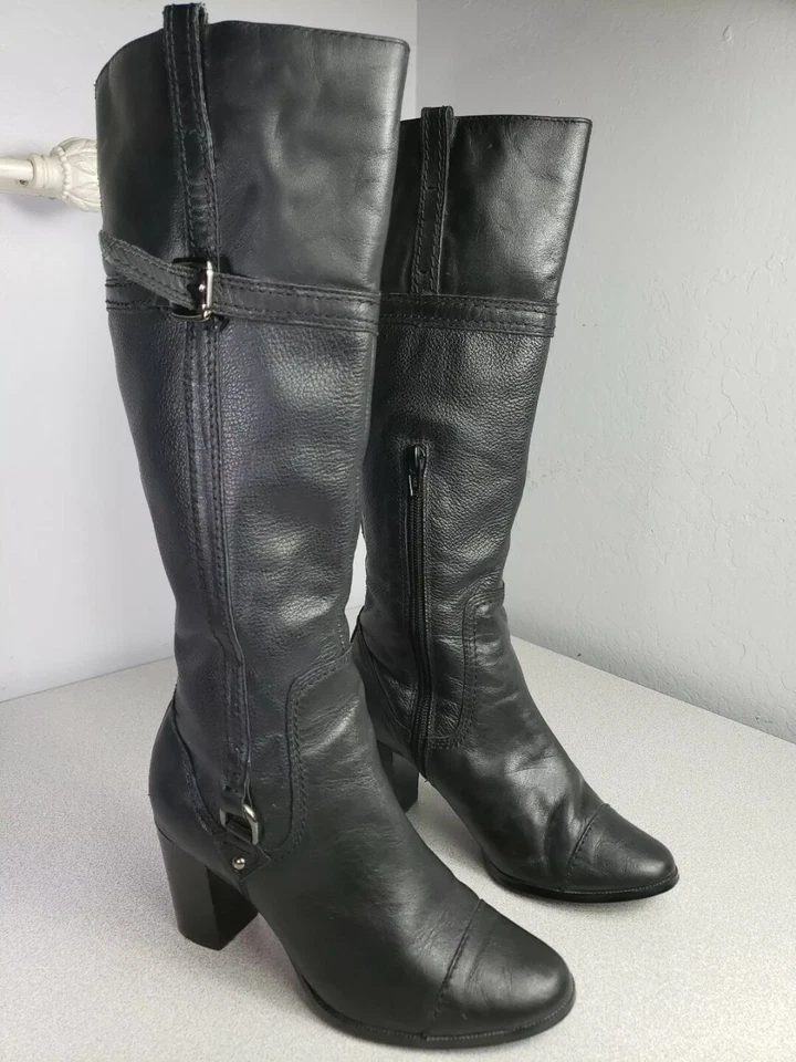 ANA Cuero Negro 1/2 Cremallera 023-7839 Hasta la Rodilla 3" Tacón Moda Gorra Botas Talla 5.5 Foto 1 de 4