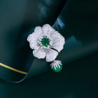 Silver Plated Cubic Zircon Big Flower Green Bead Dangle Brooch Pin Women Corsage - Image 1 of 4