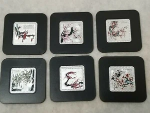 SET OF SIX BEAUTIFUL ORIENTAL CUP / GLASS COASTERS 3" X 3" FELT BOTTOM - Picture 1 of 11