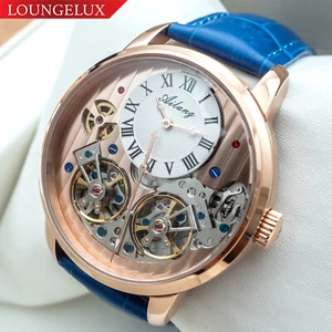 Mens Double Flywheel Automatic Mechanical Watch Rose Gold White Blue Leather - Picture 1 of 12