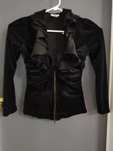 Neiman Marcus exklusives kleines Damen Oberteil 3/4 Reißverschluss Langarm Rüschenkragen - Bild 1 von 11