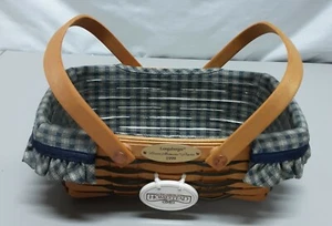 1999 Longaberger Woven Memories basket, Blue trim w/liner, protector, tie-on - Picture 1 of 8