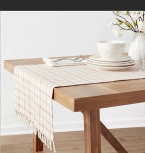 Threshold Table Runner 14" x 72" Coral Tan Plaid  Check Fringe Trim - Picture 1 of 4