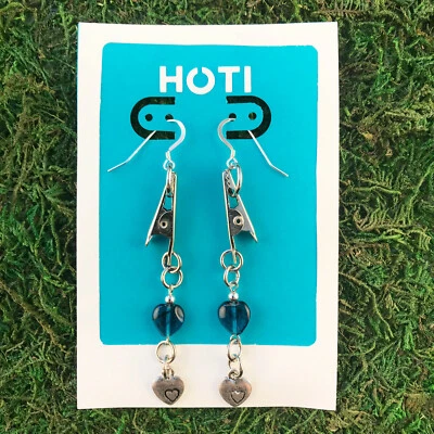 HOTI Hemp Handmade Blue Glass Heart Roach Clip It Earrings Charms Hearts Love - Image 1 of 4