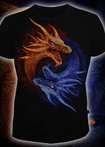 Herren T-Shirt "Dragons Yin Yang" mit Muster unter UV Schwarzlicht leuchtet Neon - Bild 1 von 6