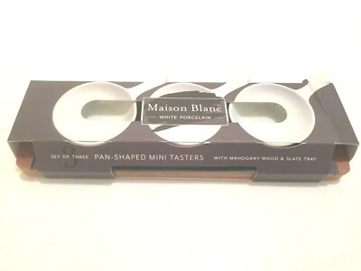 Maison Blanc 3 Pan Shaped Mini Tasters White Porcelain Wood Slate Food Tray NEW - Image 1 of 4