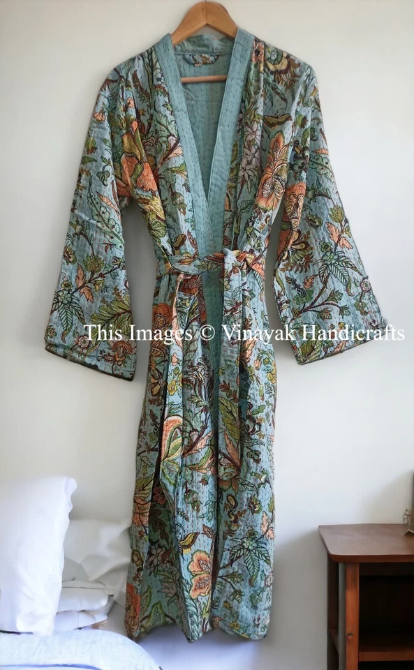 Bata india vintage de algodón Kantha hecha a mano bata de baño kimono chaqueta floral Foto 1 de 4
