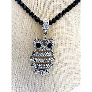 Owl Crystsal Black Beads Necklace 20” - Picture 1 of 7