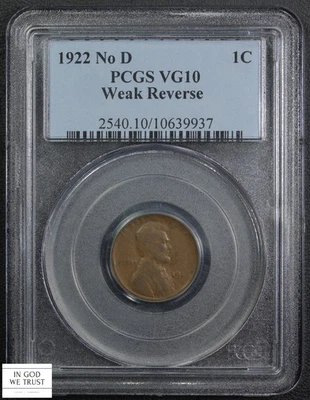 1922 No D Weak Reverse Lincoln Wheat Copper Cent 1C PCGS VG 10 - Image 1 of 4
