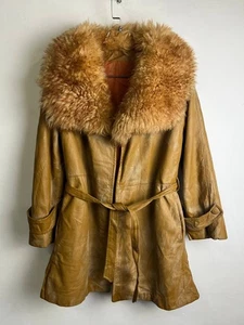 Vintage Leder Pelzkragen Mantel Caramel Größe M - Bild 1 von 11