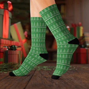 Christmas Tree Ugly Sweater Xmas Green White Sublimation Socks - Picture 1 of 18
