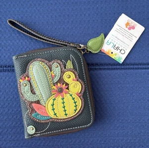 Chala Handtaschen Kunstleder Kaktus umlaufender Reißverschluss Kalbsleder Geldbörse mit Etikett - grün - Bild 1 von 10
