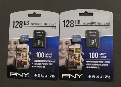 (2) PNY 128GB microSDXC ELITE Flash Cards 100MB/S, NEW MicroSD - Image 1 of 2