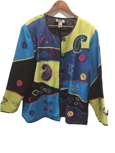 Indigo Moon 2X Art To Wear Flax Blend Jacket Artsy Rick Rack Embroidered Lined - Picture 1 of 7