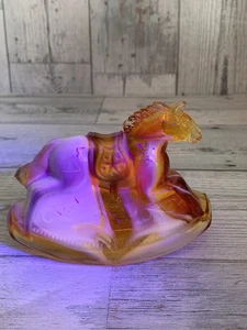 Vtg 1981 #? Glass Amberina Slag Color Guernsey Rocky Rocking Horse UV Glow - Picture 1 of 12