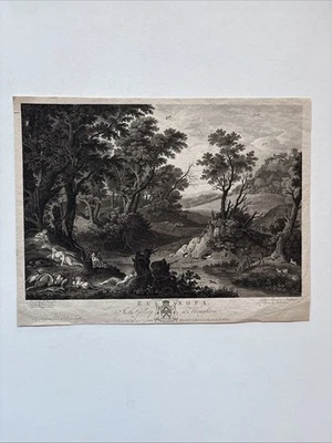 Antiguo paisaje inglés grabado bosque perro arroyo ciervo zorro conejo 1776 Foto 1 de 4