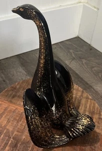 VTG MCM Black Gold Glazed Ceramic Duck Swan Bird Statue Wings Open - Picture 1 of 11