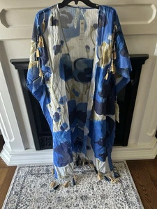 Chico's Nothing Changed blau gold Kimono Einheitsgröße Boho Überwurf offen 149 $ neu mit Etikett - Bild 1 von 5