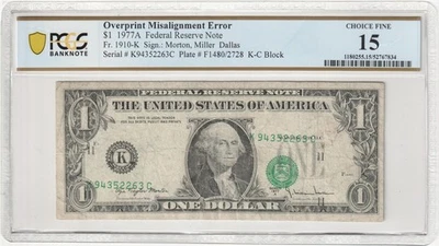 1977A $1  FRN ~ ERROR LEFT  SHIFTED  OVERPRINT SEAL / Serials#  K 9435 2263 C - Image 1 of 3