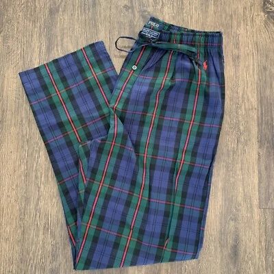 Мужские пижамные брюки Polo Ralph Lauren средний размер сине-зеленые с красными клетчатыми карманами - Изображение 1 из 4