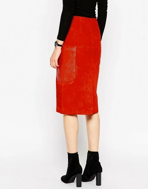NWT-Orange REAL leather suede pencil skirt by ASOS size US 2 UK 6: 26” long - Image 1 of 3