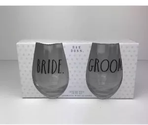 Rae Dunn Glassware Stemless Wine Glass Bride Groom Set Of 2 New in Box - Picture 1 of 4