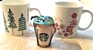 3 tazas y adornos navideños Starbucks árboles copos de nieve - ¡Como nuevo! - Imagen 1 de 4
