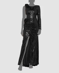 Aqua Women's Black One Sleeve Flower Sequined Long Evening Gown Dress Size 4 - Picture 1 of 3