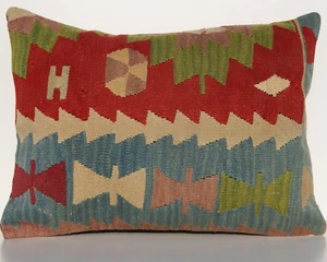 24"x18" HAND WOVEN PILLOW COVER WOOL RECTANGLE TURKISH KELIM GREEN AREA RUGS 20+ - Picture 1 of 3