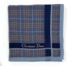Handkerchief Man Christian Dior Plain Check Blue Navy Pocket Square Cotton 18” - Picture 1 of 5