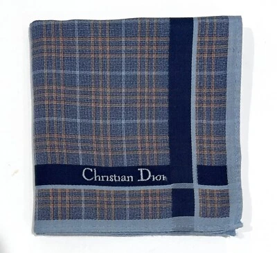Handkerchief Man Christian Dior Plain Check Blue Navy Pocket Square Cotton 18” - Image 1 of 4