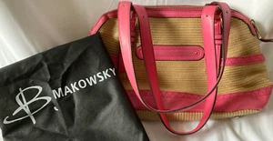 B. Makowsky Straw Tote Handbag Purse w/Soft Leather Pink Handles & Buckle Trim - Picture 1 of 11